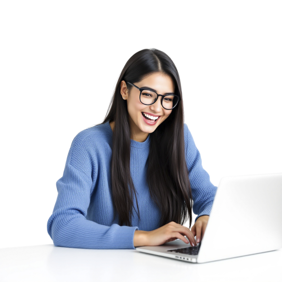 A woman in glasses is smiling while using a laptop png