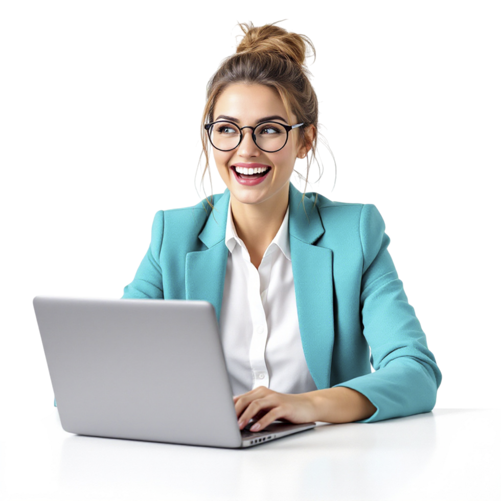 A woman in a blue blazer and glasses is smiling while using a laptop png