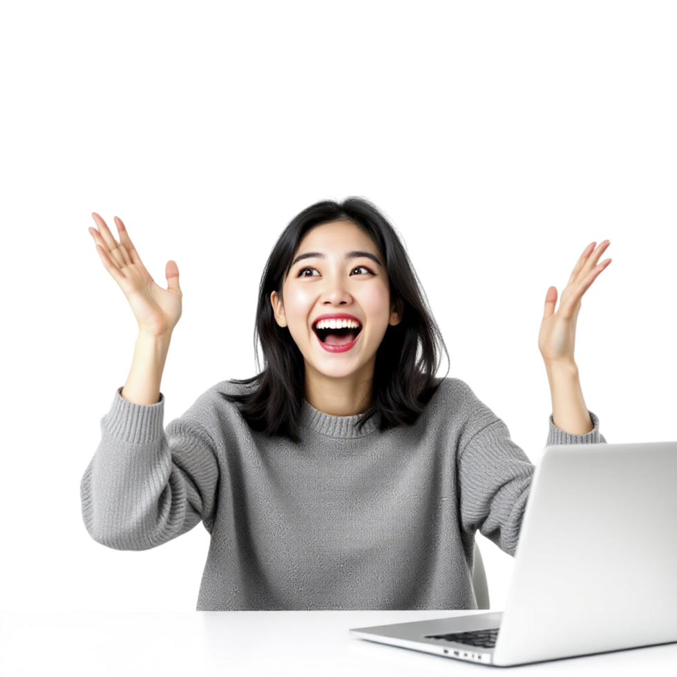 A woman is excited and holding her hands up in front of her laptop png
