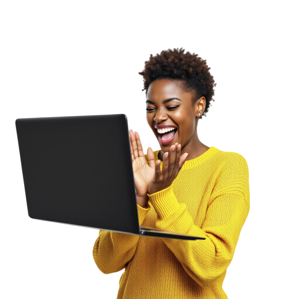 A woman is holding a laptop and smiling png