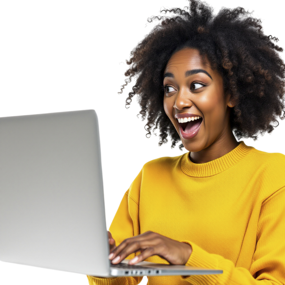 A woman with an open laptop is surprised png