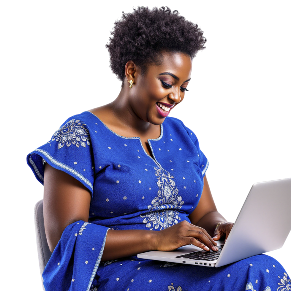 A woman in a blue dress is using a laptop png