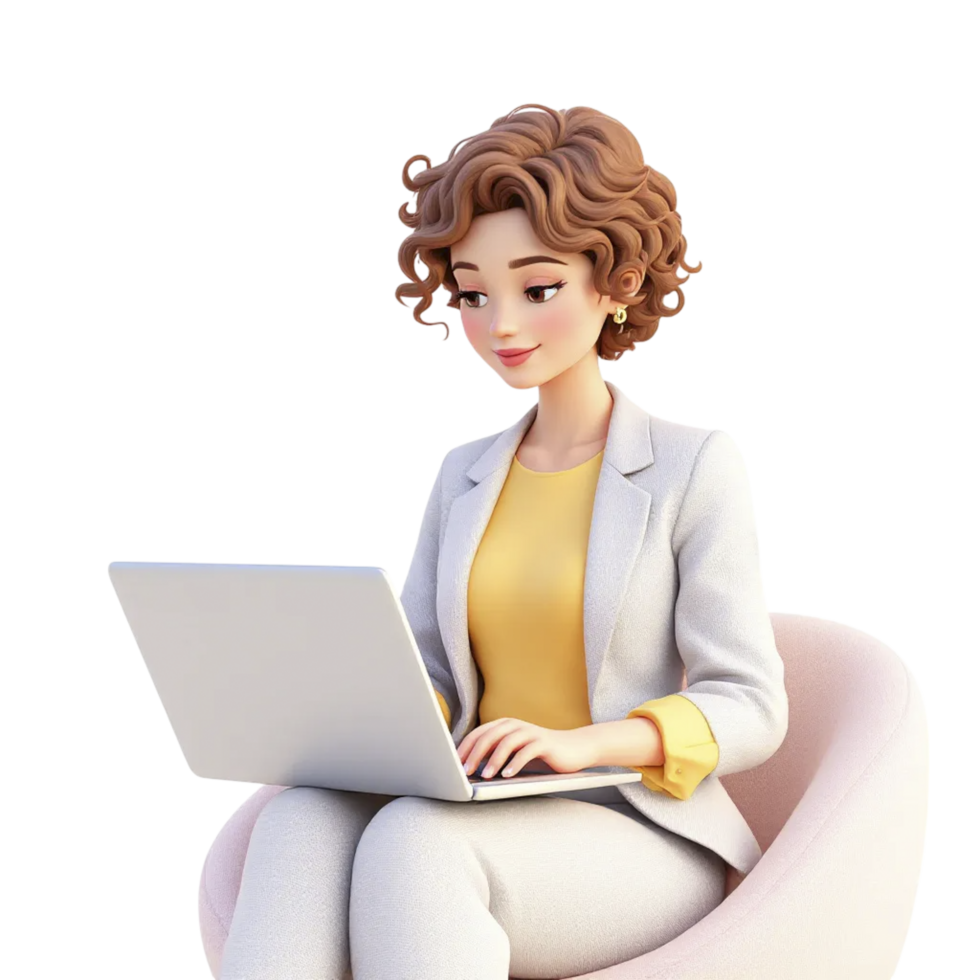 3d woman sitting on chair with laptop png