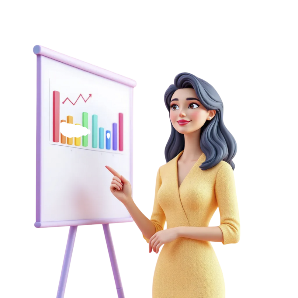 A woman in a yellow dress is pointing at a chart on a whiteboard png