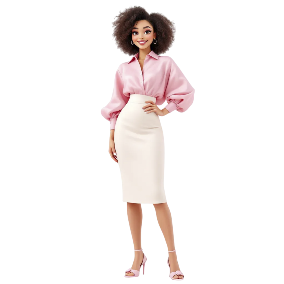 A woman in a pink shirt and white skirt png