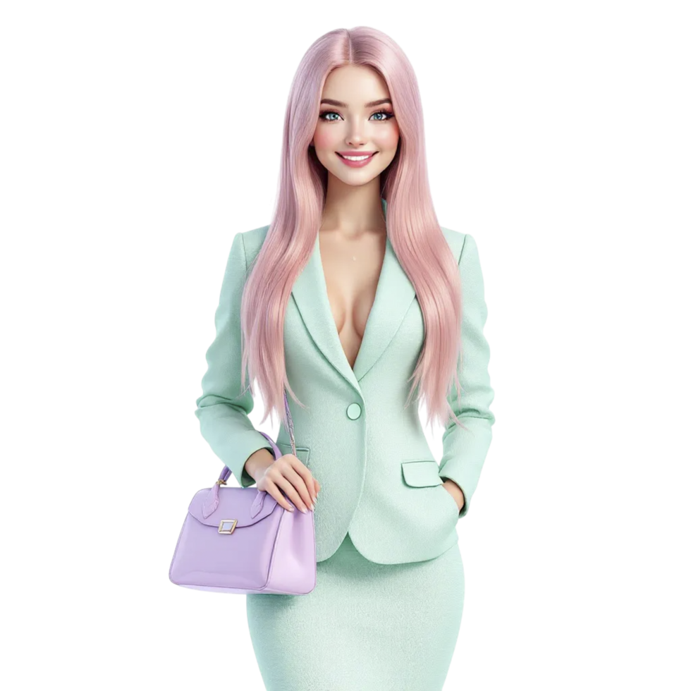 A woman in a green suit and pink hair holding a purple bag png