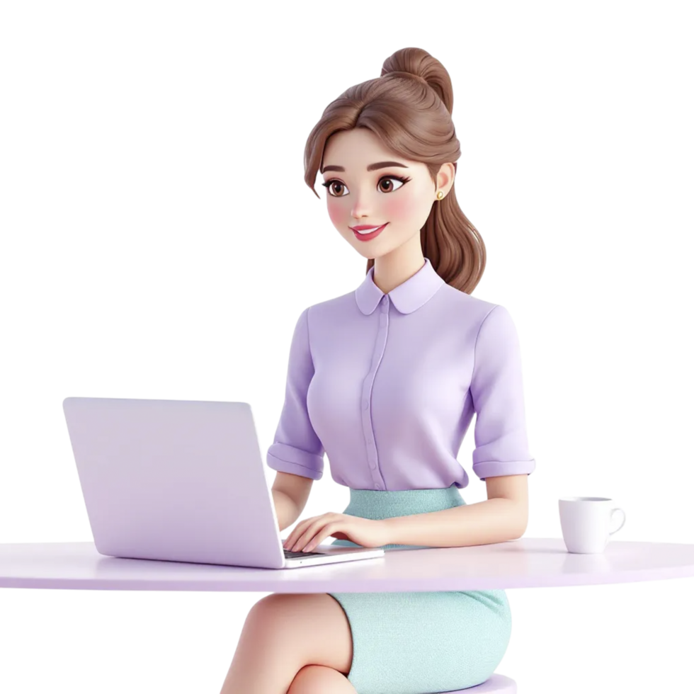 3d woman sitting at a table with laptop png