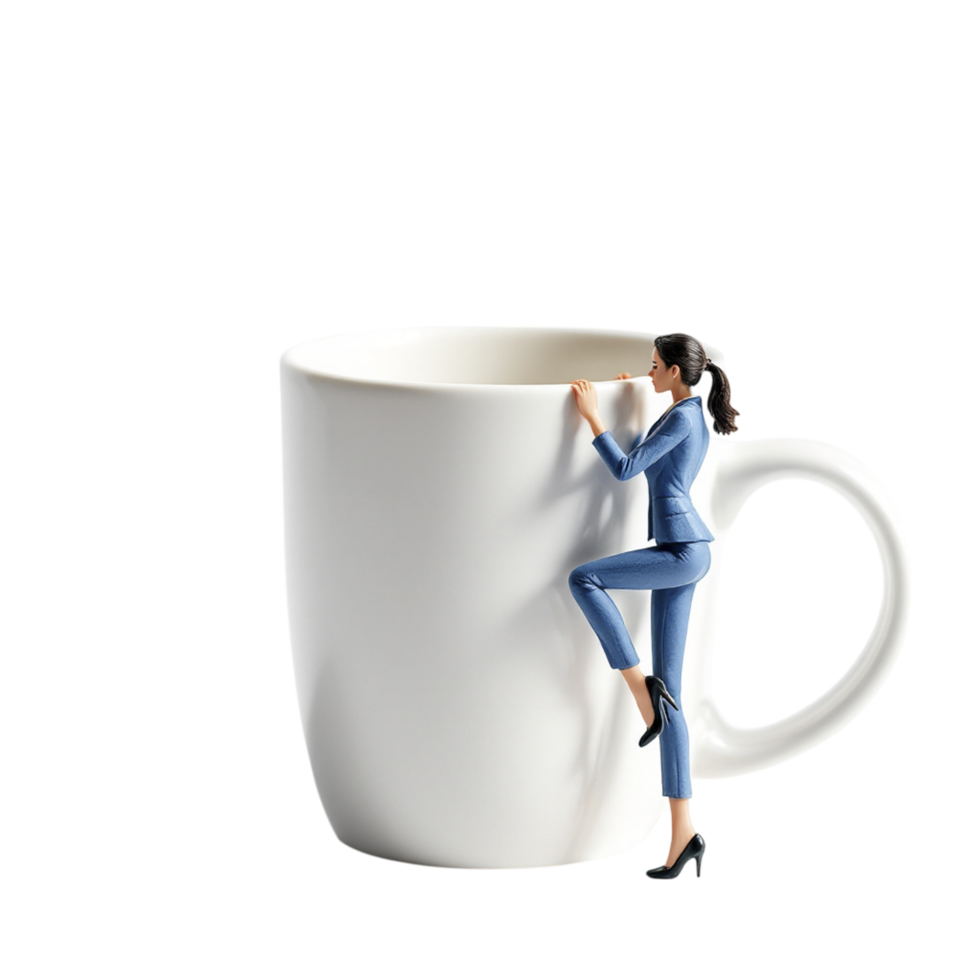 A woman in a business suit is climbing out of a coffee cup png