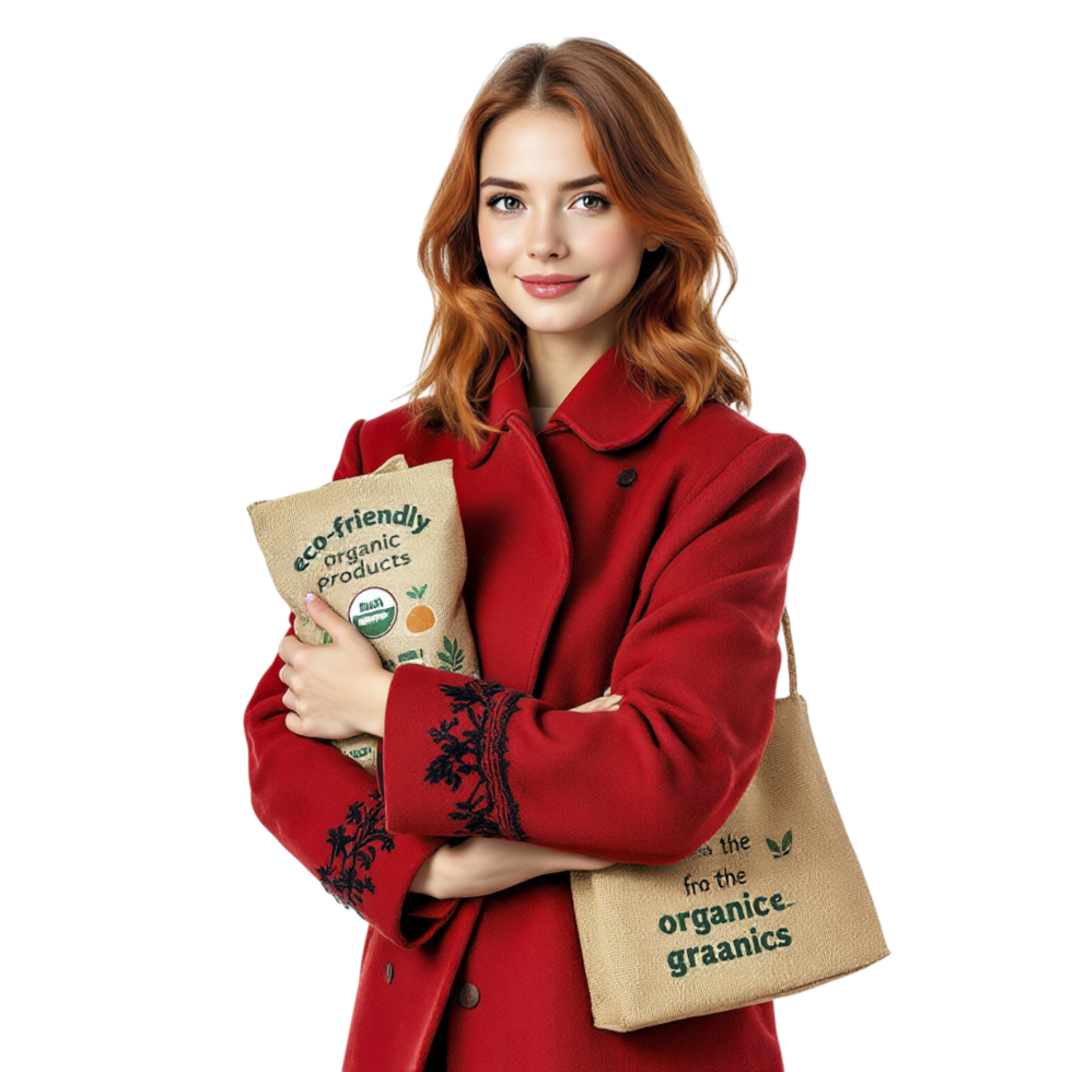 A woman in a red coat holding a bag of organic food png