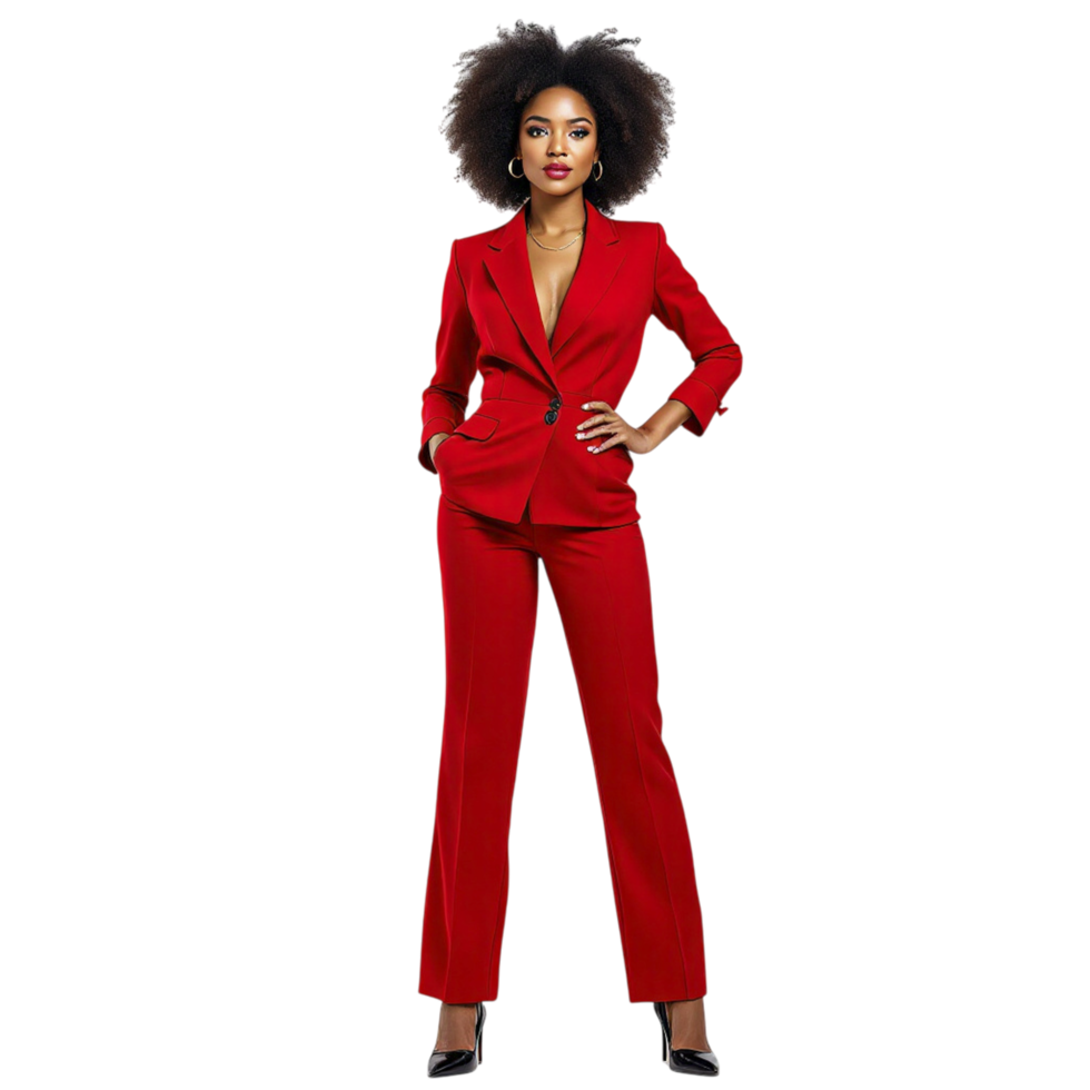 A woman in a red suit posing for the camera png