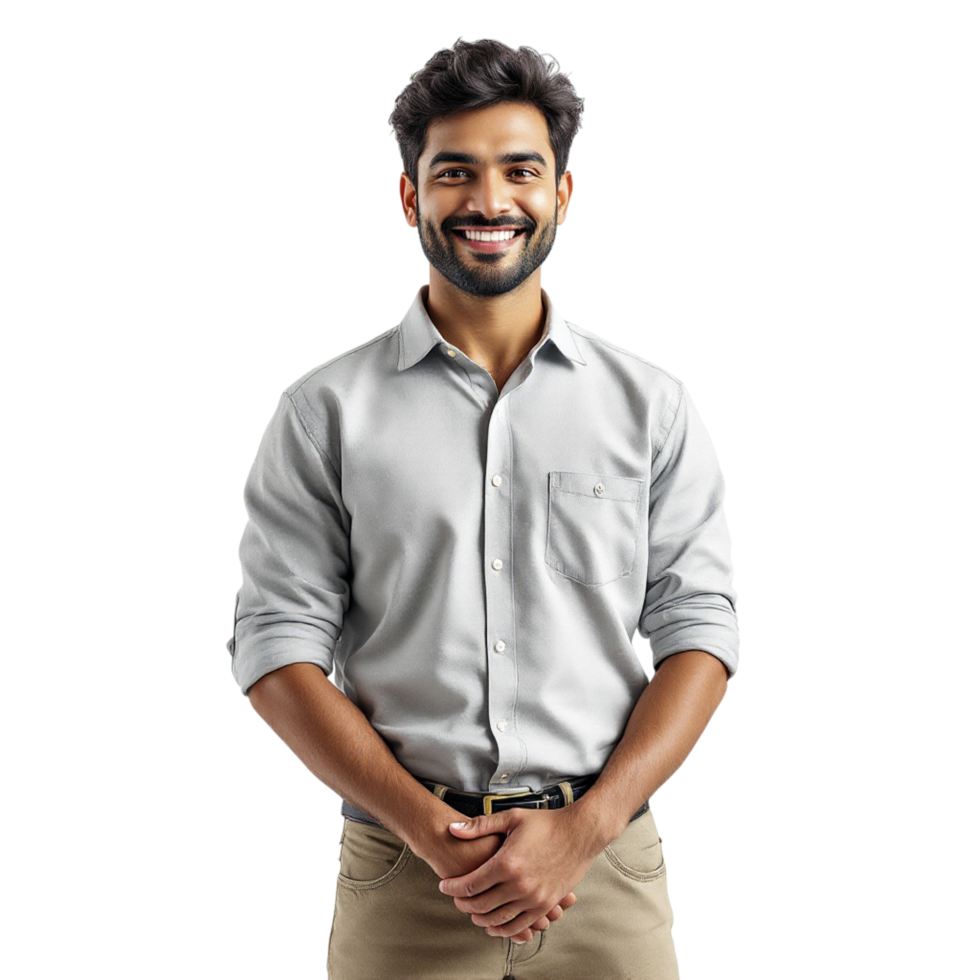 Man in a grey shirt and khaki pants standing png