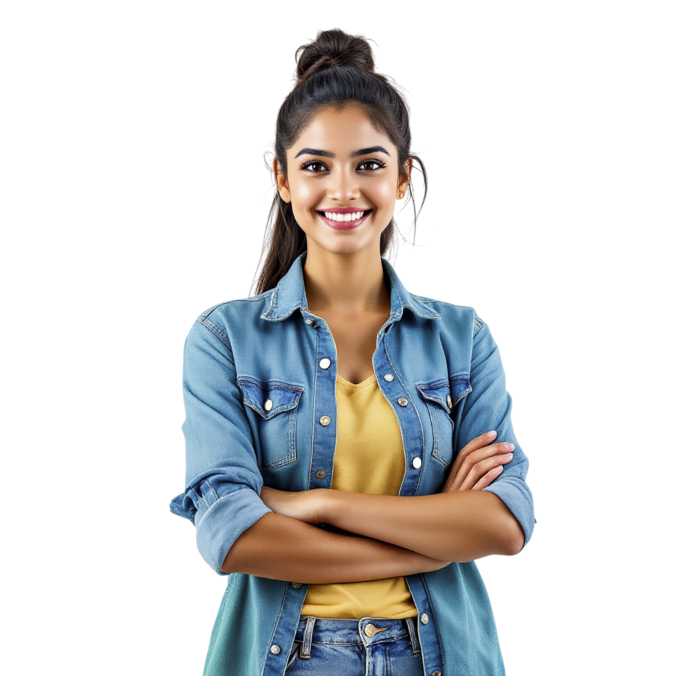 A young woman in a denim shirt and jeans png