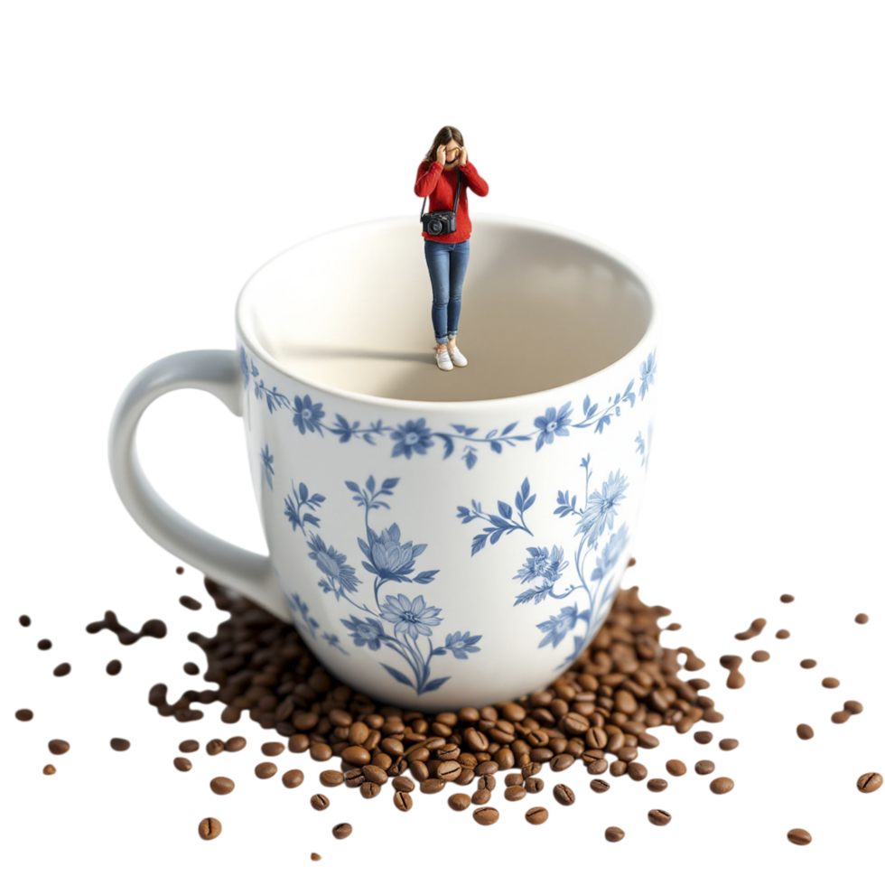 A woman is standing in a coffee cup with coffee beans png