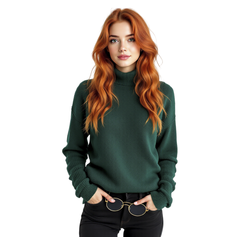 A woman with red hair wearing a green turtle neck sweater png