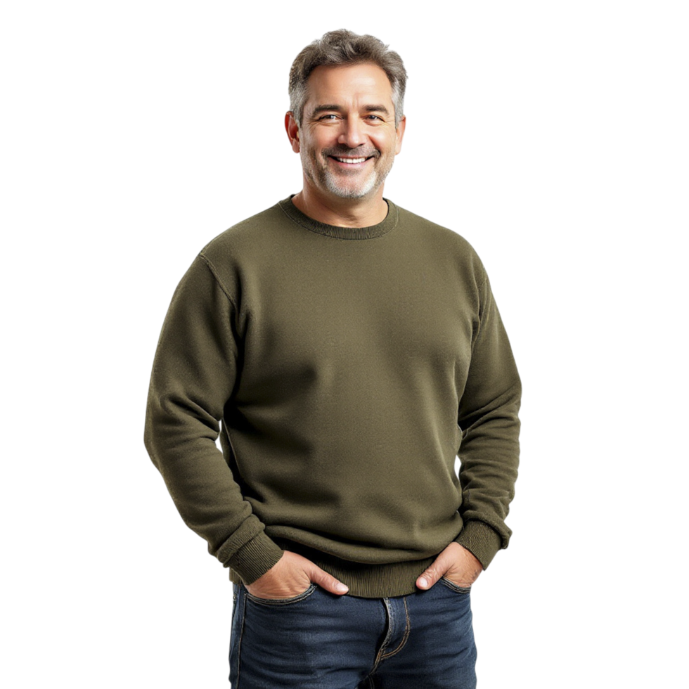A man in a green sweater and jeans png