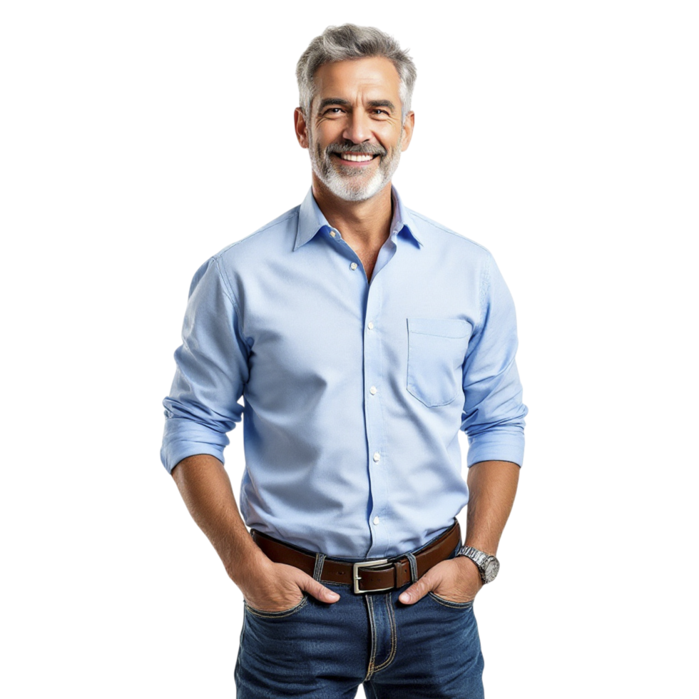 A man with a beard and blue shirt standing in front of a black background png