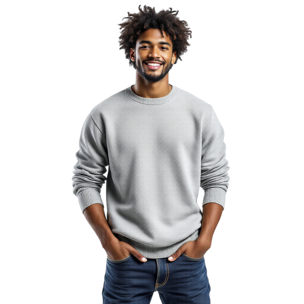 Man in a grey sweatshirt standing in front of a black background png