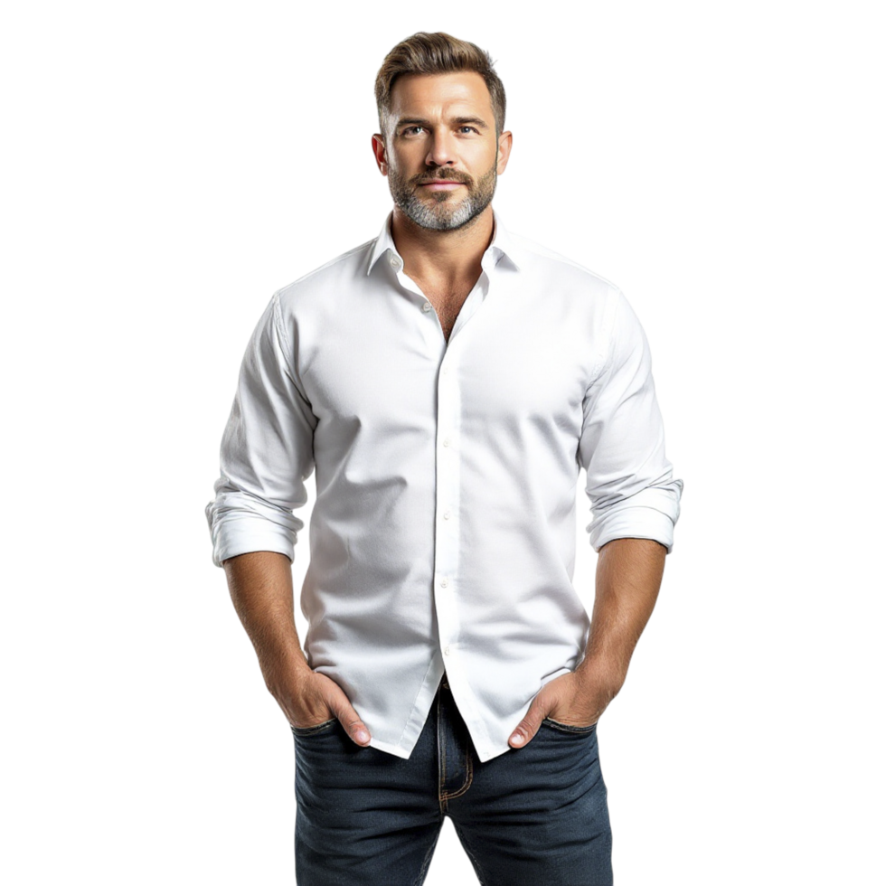A man in a white shirt and jeans png