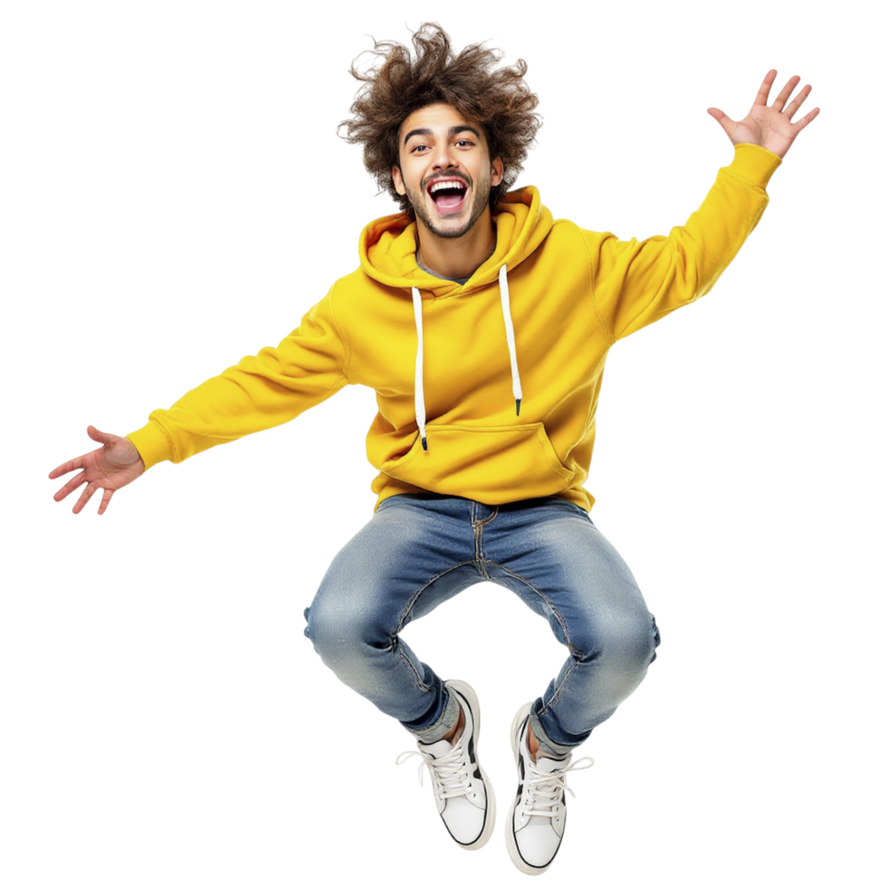 A man in a yellow hoodie is jumping in the air png
