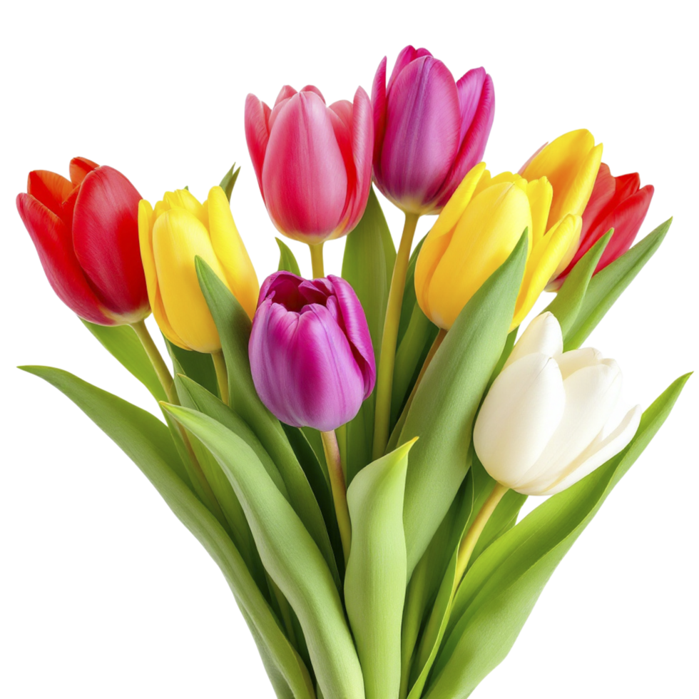 A bouquet of colorful tulips is shown in this image png