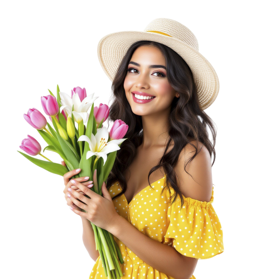 A woman in a yellow dress holding a bouquet of flowers png