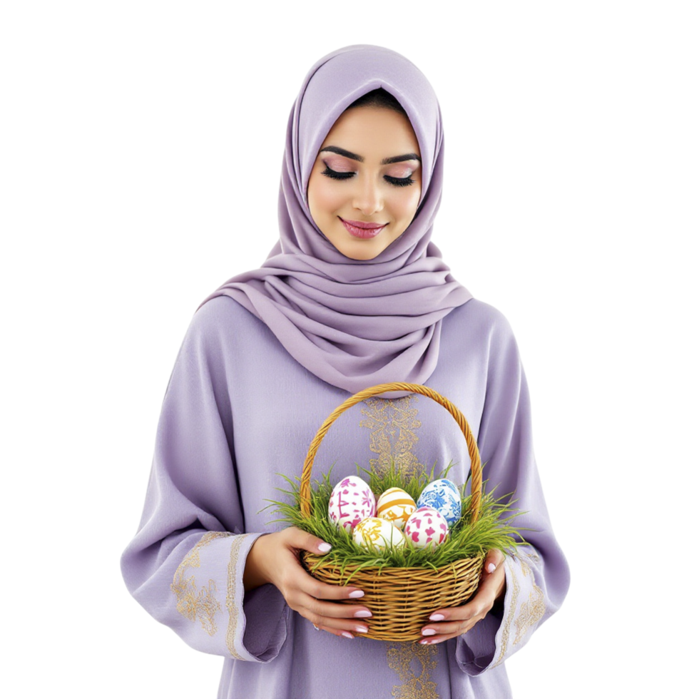 Easter celebration concept - muslim woman holding easter basket isolated on black background png