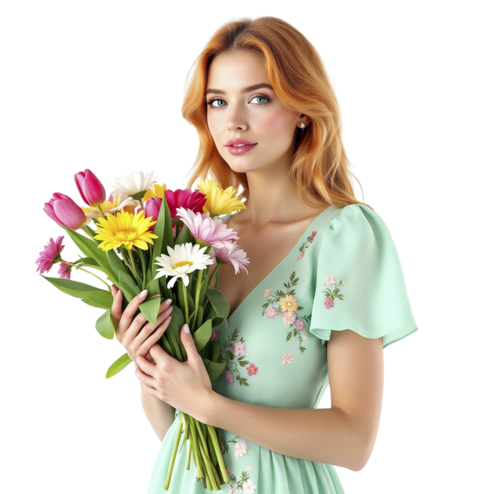 Beautiful woman holding flowers png