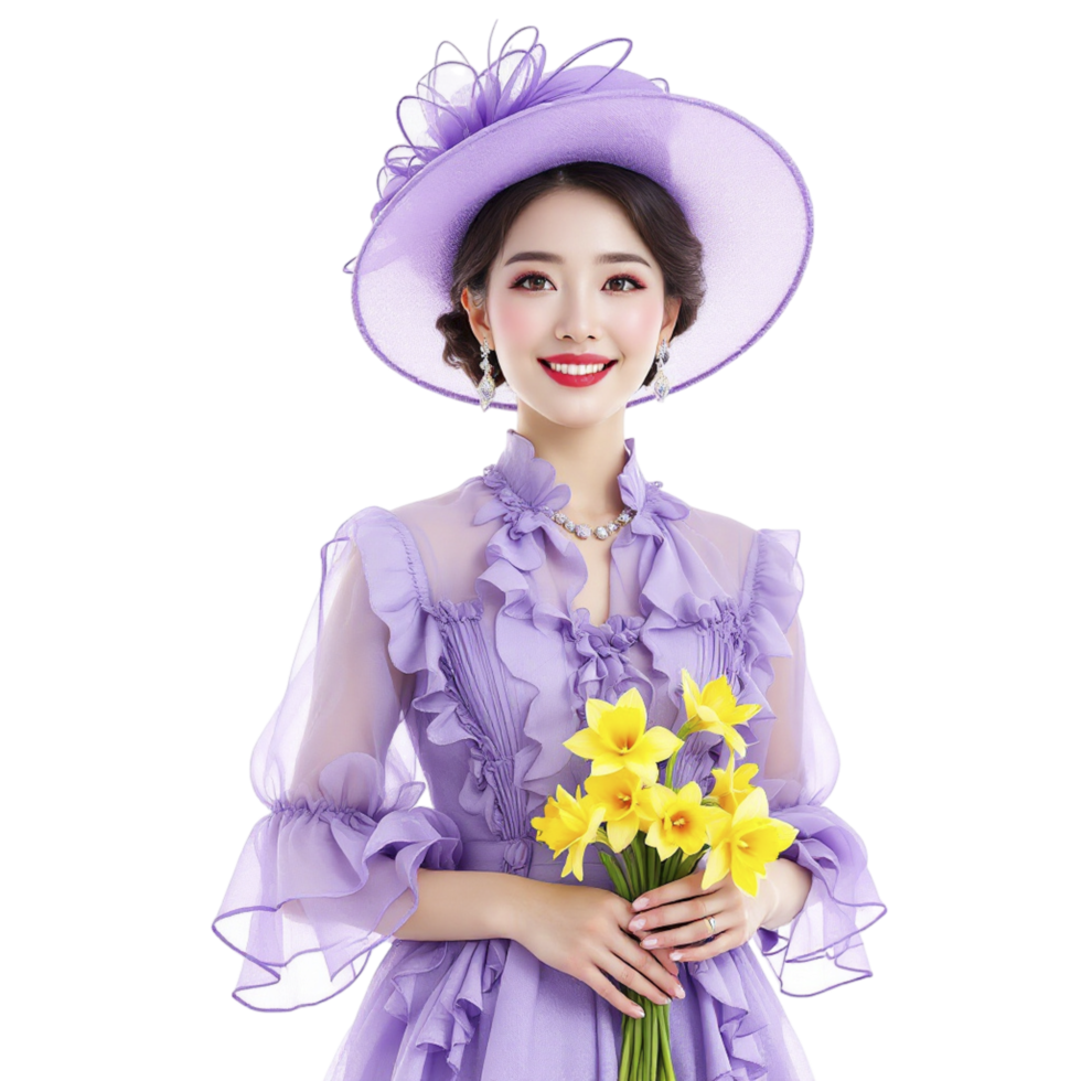 A woman in a purple dress and hat holding flowers png