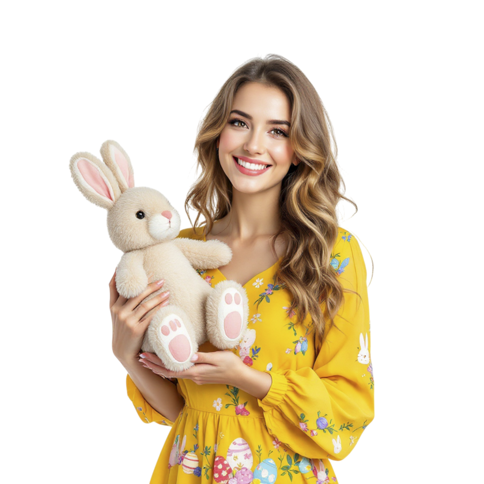 A woman in a yellow dress holding a stuffed rabbit png