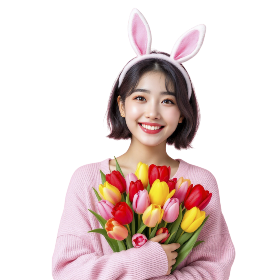 A woman in bunny ears holding a bouquet of tulips png