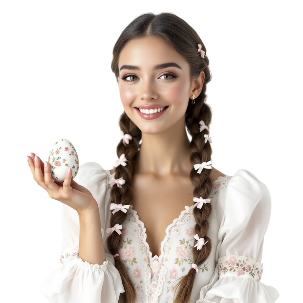 Beautiful young woman in white dress holding an egg png