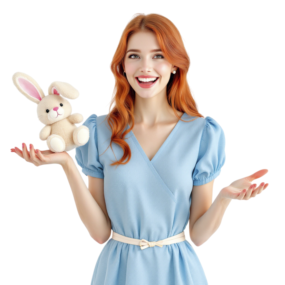 A woman in a blue dress holding a stuffed rabbit png