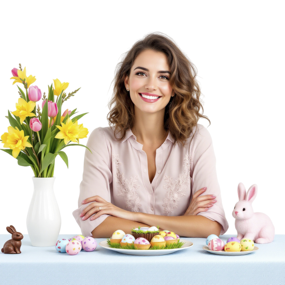 A woman sitting at a table with easter eggs and flowers png