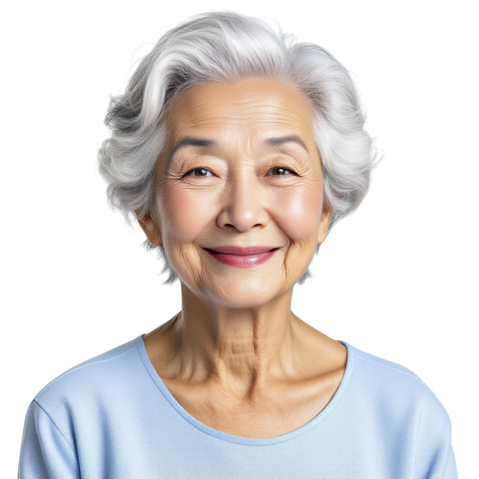 An older woman with white hair and a blue shirt png