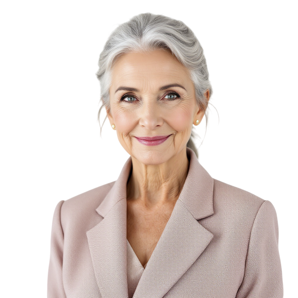 A woman with gray hair and a pink blazer png