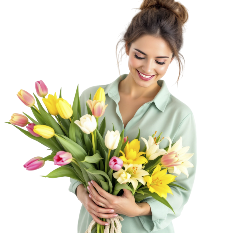 A woman holding a bouquet of flowers png