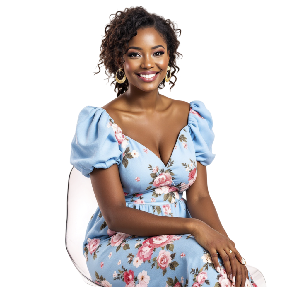 A woman in a blue floral dress sitting on a chair png
