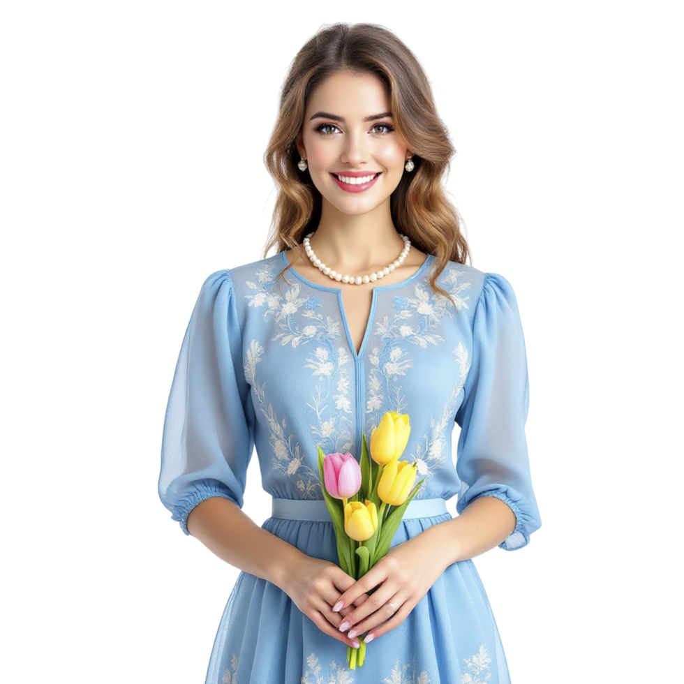 A beautiful young woman in a blue dress holding a bouquet of tulips png