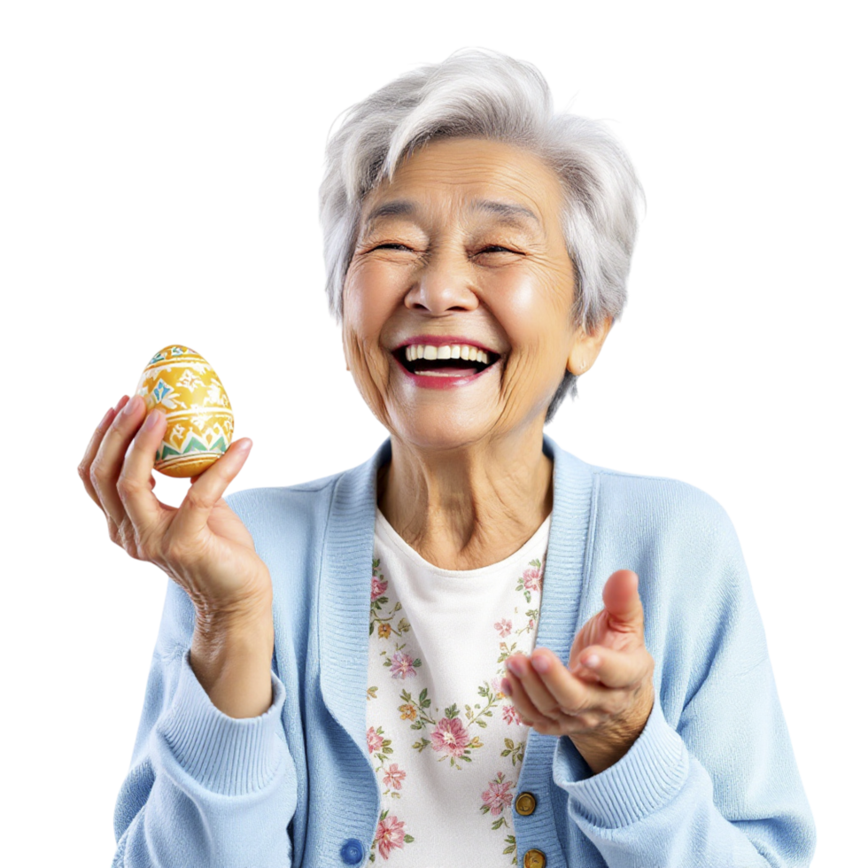 An older woman holding an egg and smiling png