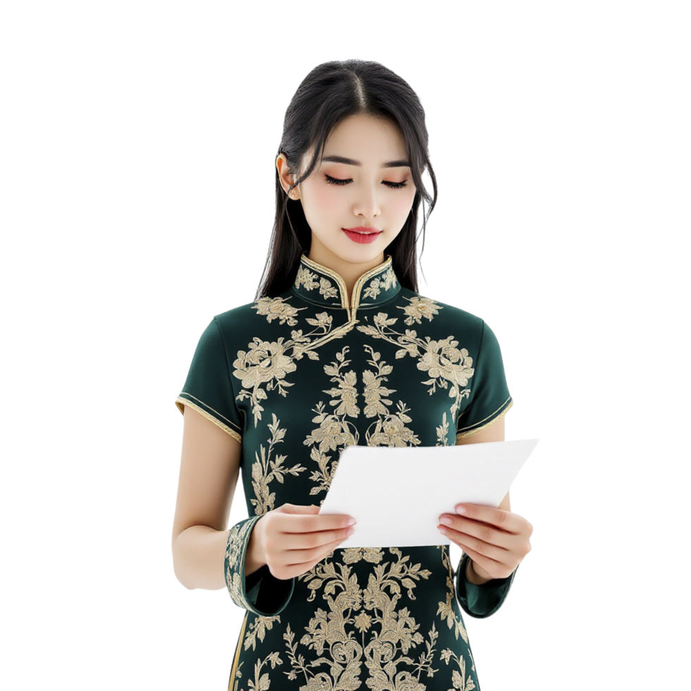 Asian woman in traditional dress holding a piece of paper png