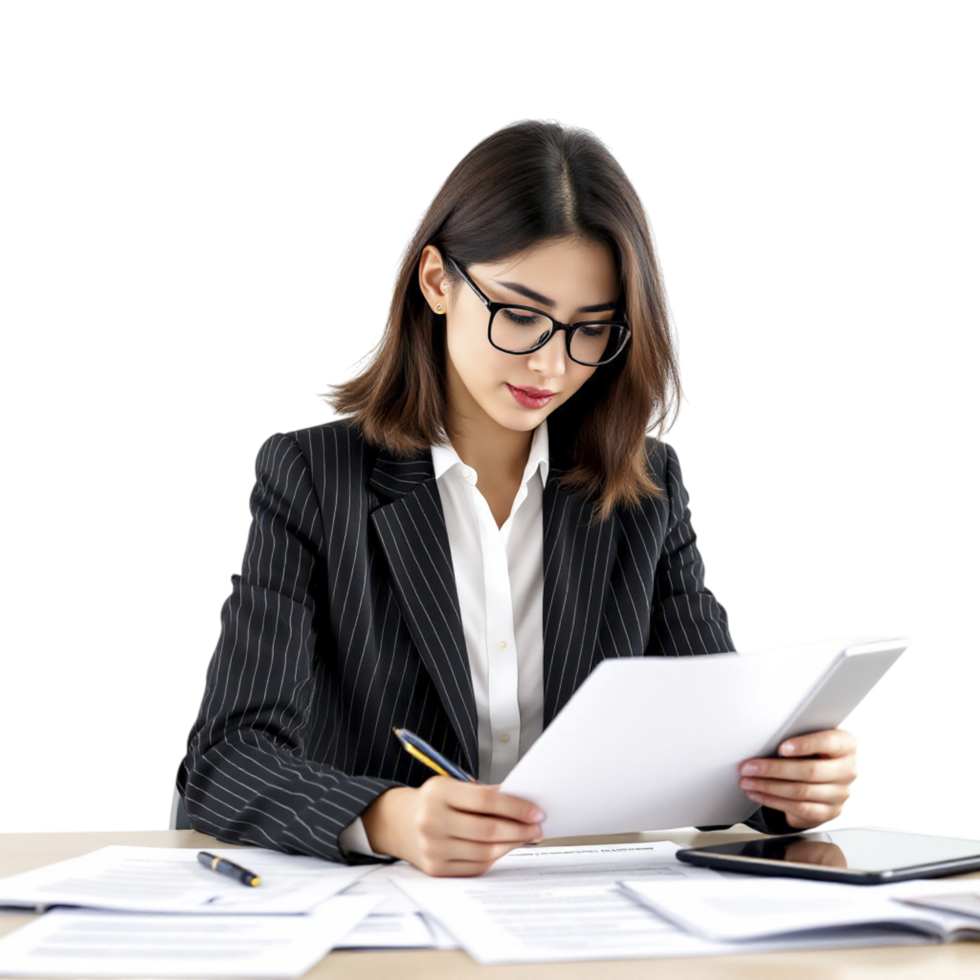 A business woman in glasses is reading a document png