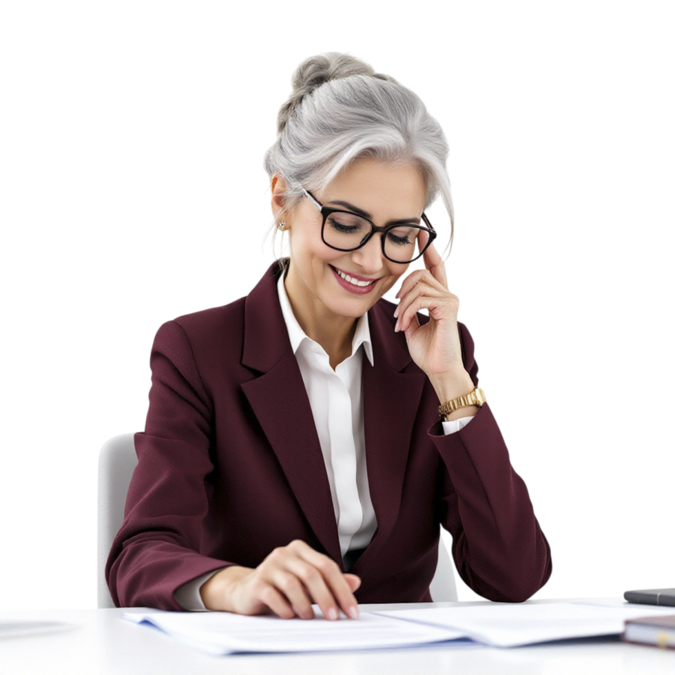 A woman in a business suit is sitting at a desk and talking on the phone png