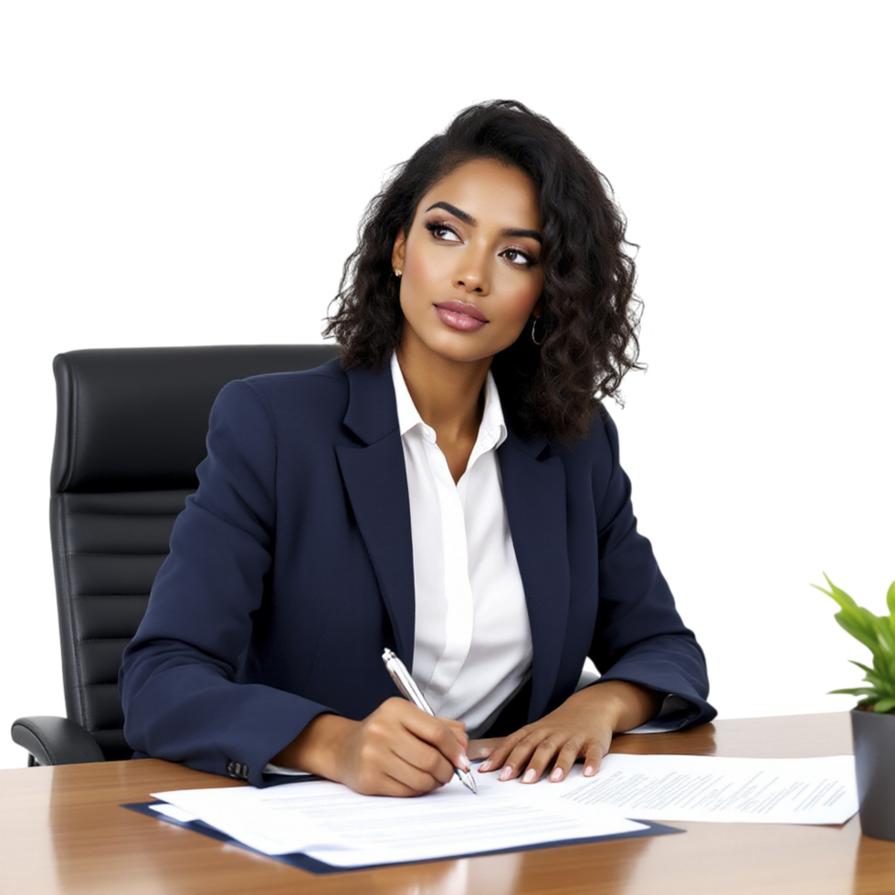 A business woman sitting at a desk with a pen and paper png