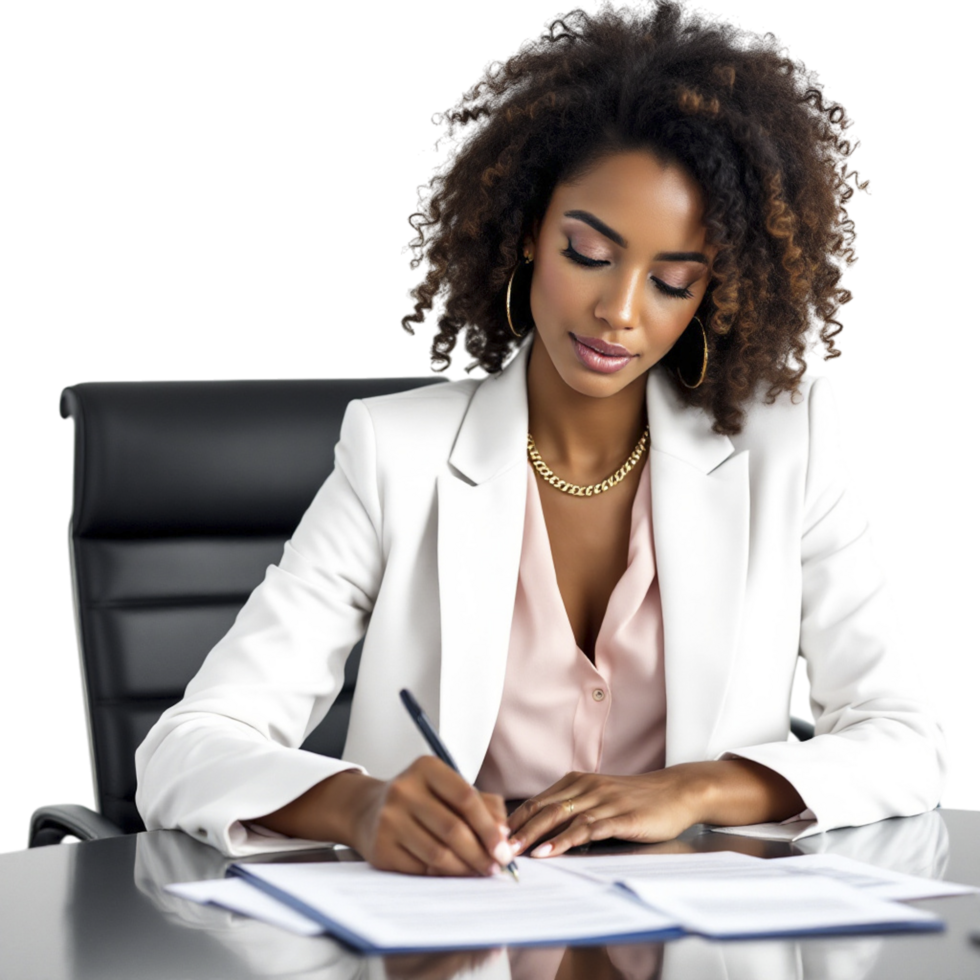 A woman in a business suit is writing on a piece of paper png