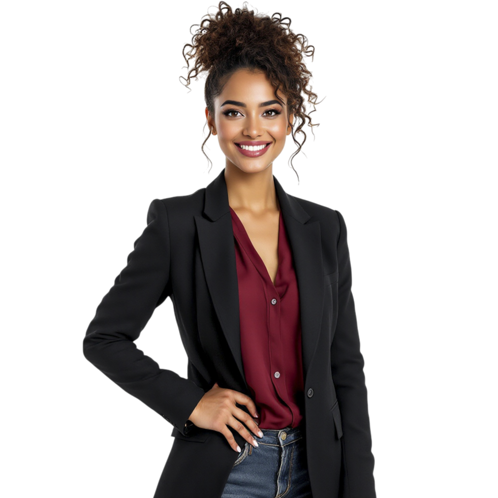 A woman in a black blazer and maroon shirt png
