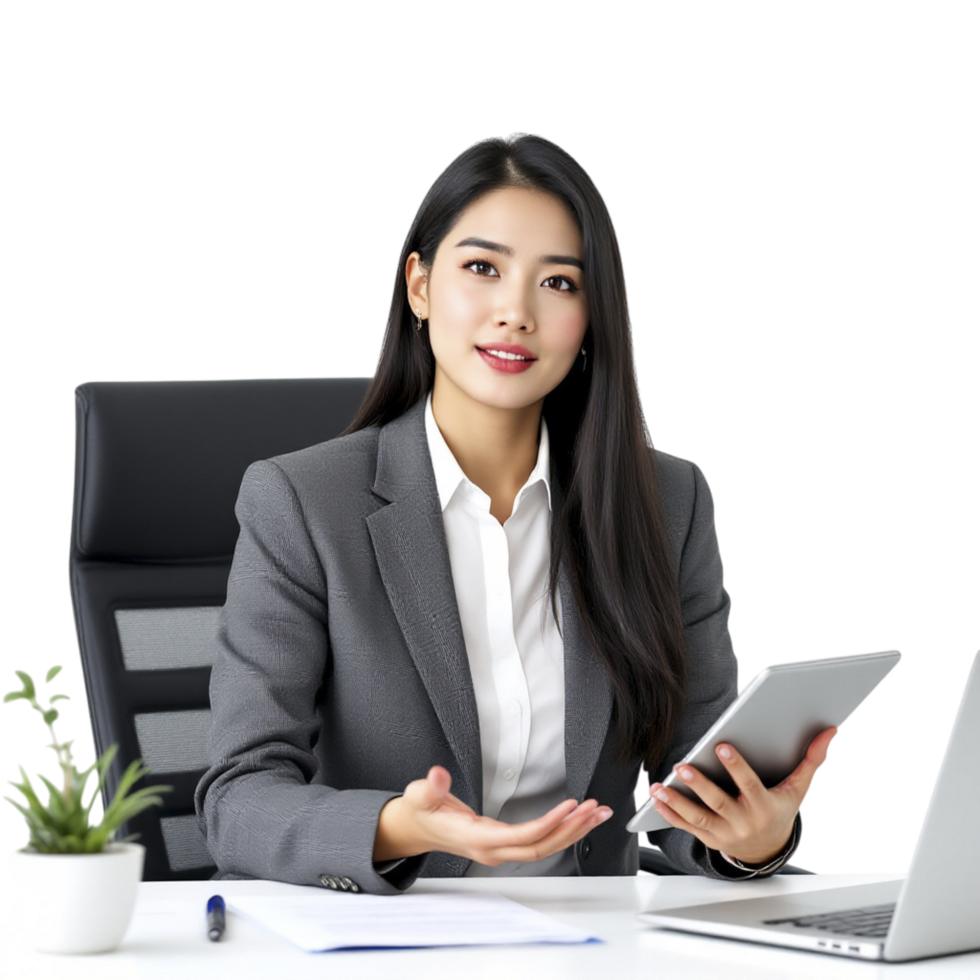 Asian businesswoman using tablet computer in office png