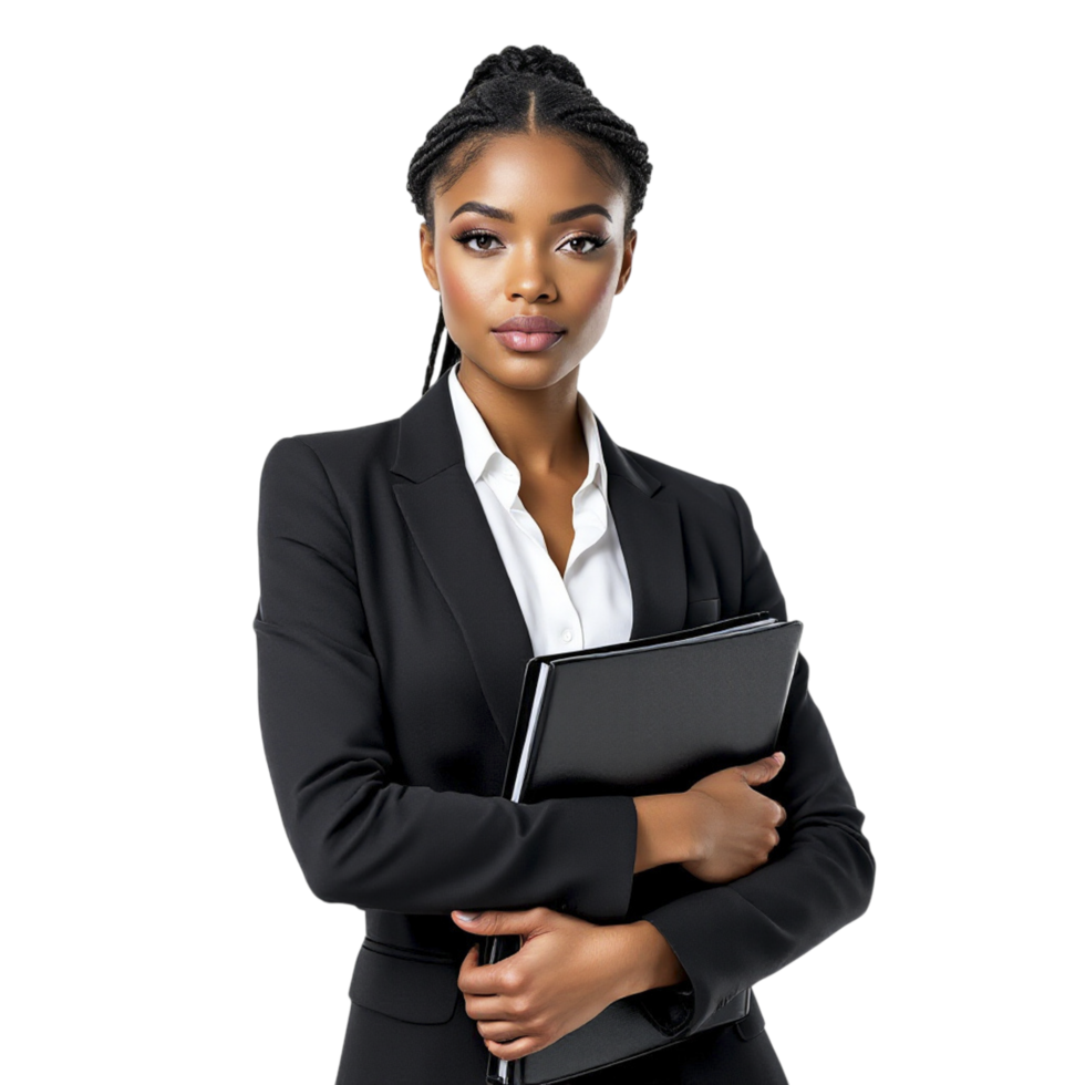 A beautiful young african woman in a business suit holding a folder png