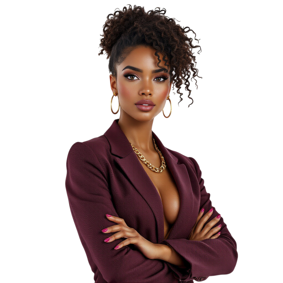 A beautiful young woman in a suit and gold jewelry png
