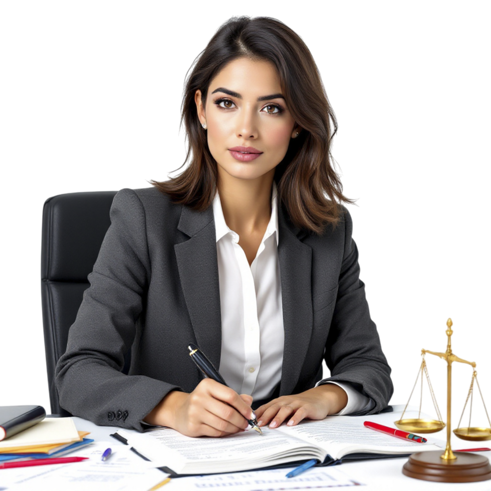 A woman in a business suit sitting at a desk with a pen and a notebook png