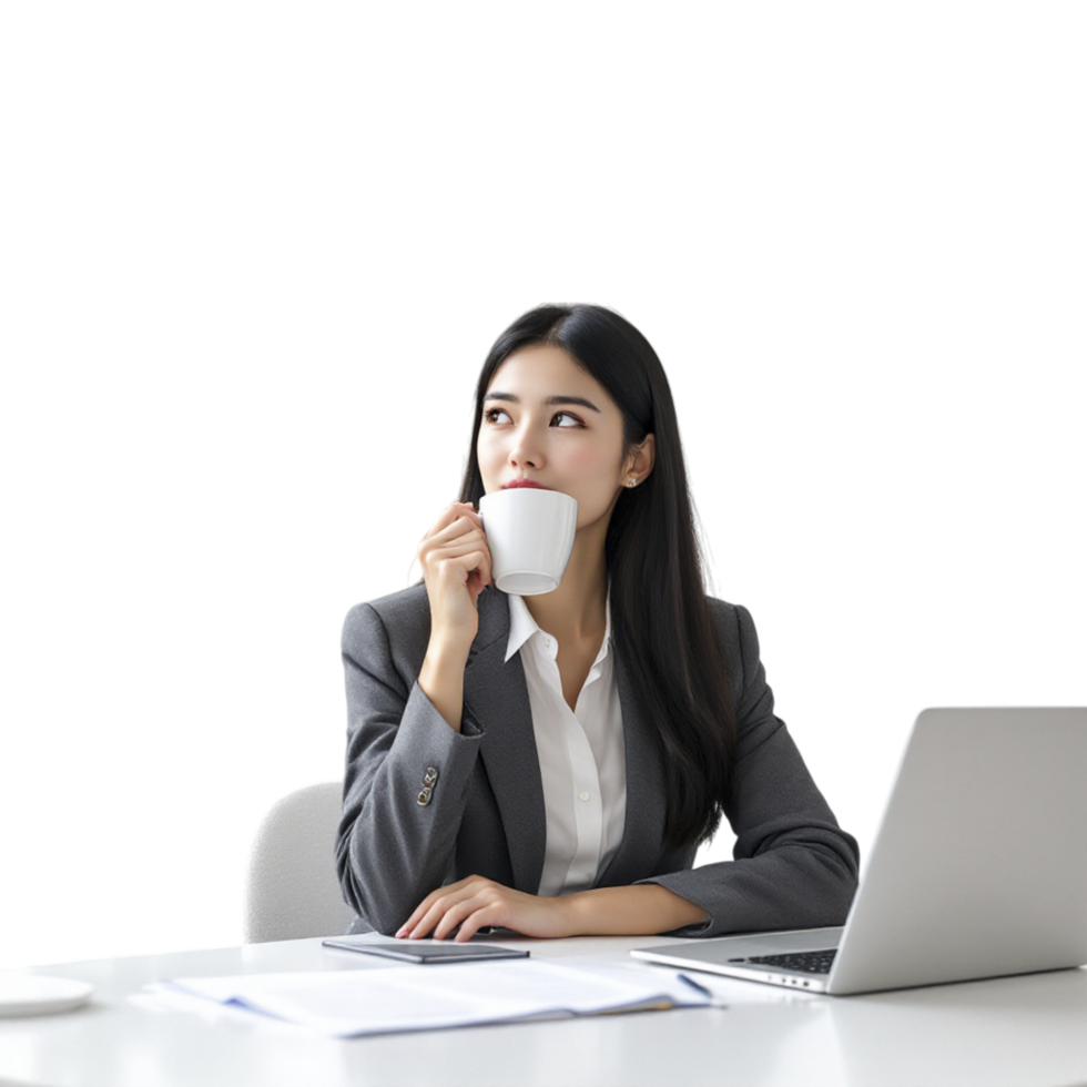 A woman in a business suit is sitting at a desk with a cup of coffee png